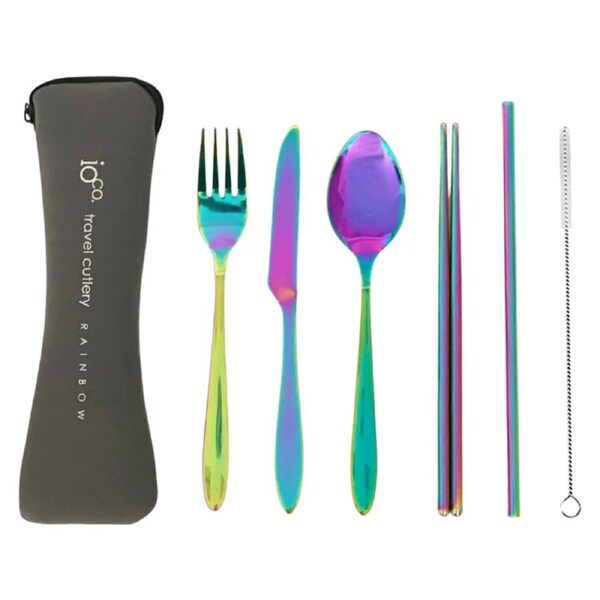 IOco re-use Stainless Steel Travel Cutlery Set of 6- Rainbow Cutlery - Grey Case