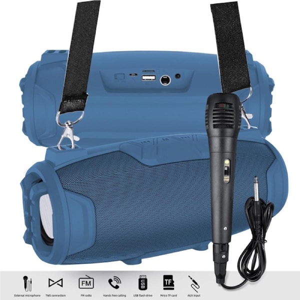 Bluetooth TWS Wireless Karaoke Speaker w/ Mic Rechargeable USB FM - Blue