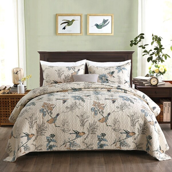 Luxury Quilted 100% Cotton Coverlet / Bedspread Set King / Super King Size Bed 270x250cm Bird