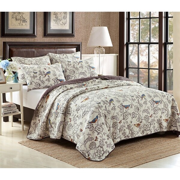 Luxury Quilted 100% Cotton Coverlet / Bedspread Set Queen / King Size Bed 230x250cm Bird Flower