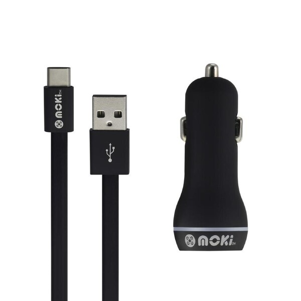 Moki 90cm Type-C to USB Sync/Charge Cable w/ Dual USB Car Charger f/ Smartphones