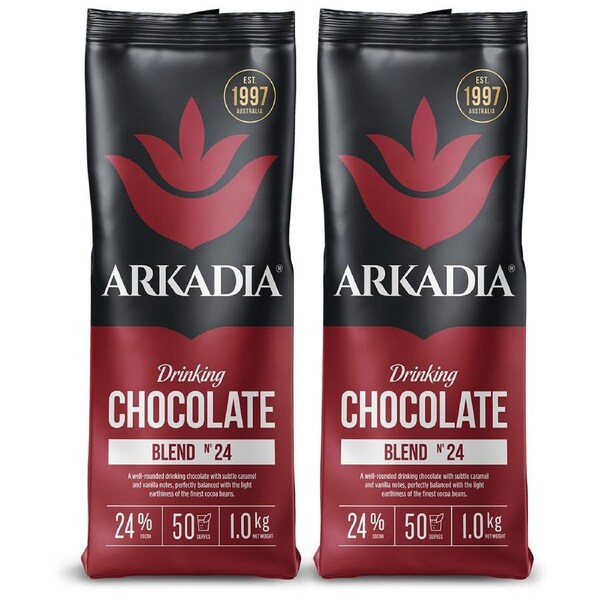 2x Arkadia 1kg 24% Cocoa Hot/Drinking Chocolate Powder Intensity 3 Medium Blend