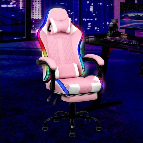 Advwin Gaming Chair 12 RGB LED Massage Ergonomic Executive Office Chair Computer Racing Recliner Footrest Seat Pink & White