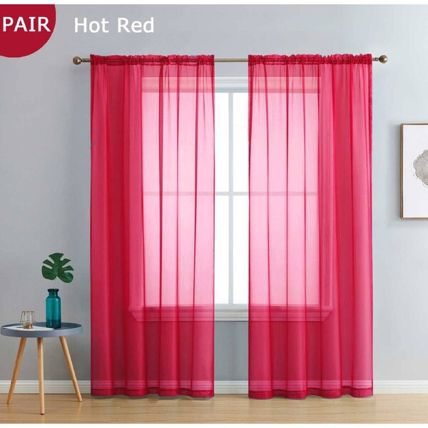 Sheer Curtain Luxton Rod Pocket Voile Curtains Pair ( White Grey Blue Green Red Pink Teal Multiple Colors) Hot Red