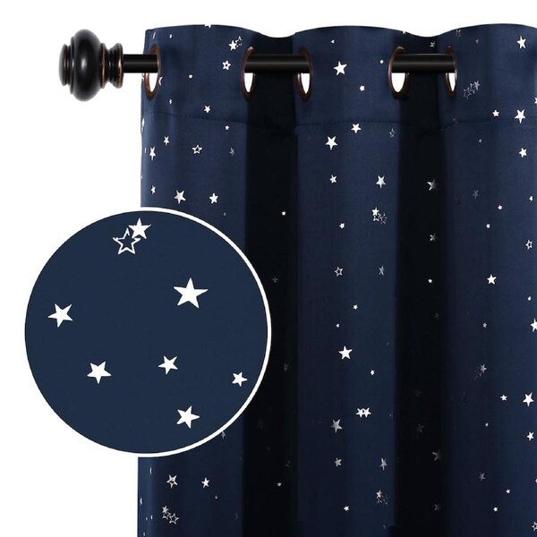 1 Pair Kids Curtains Blockout Eyelet Blackout Kids Bedroom Curtains Star Pattern Glitter Stars in Navy Base / Each Panel: W132cm x D213cm