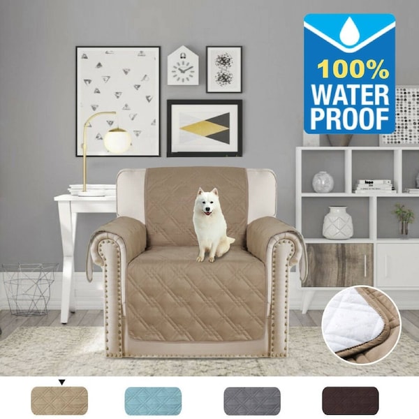 100% Waterproof Sofa Slipcover Non slip Sofa Couch Cover Pet Friendly Quilted Taupe / One Seater Chair Sofa- 53cm X 190cm