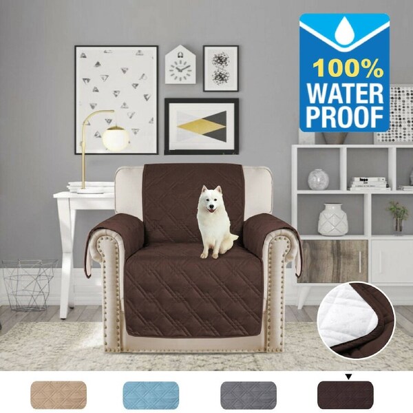 100% Waterproof Sofa Slipcover Non slip Sofa Couch Cover Pet Friendly Quilted Three Seater: 173cm x 191cm / Brown