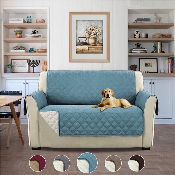 Friendly Plush Reversible Furniture Protector with Elastic Straps 191 CM × 229 CM / STONE BLUEandBEIGE