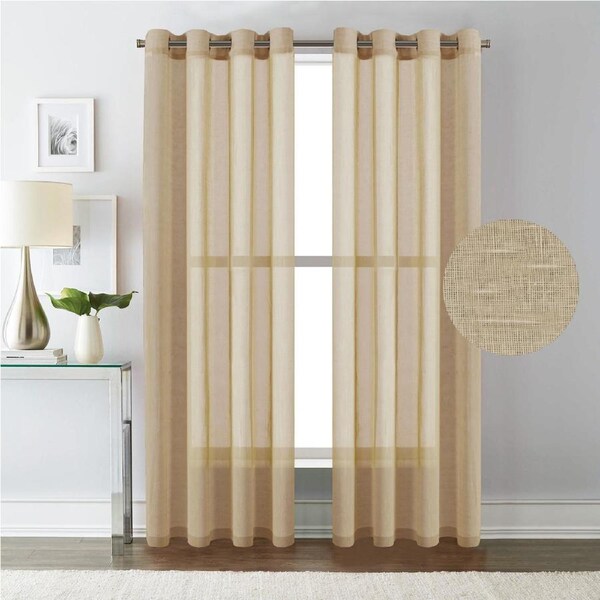 Linen Sheer Curtains/Window Treatments Nickel Grommet Panel Draperies for Living Room, Multi Colour and Size 132CM × 243 CM / Tan