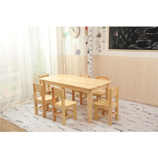 120x60cm Wooden Timber Kids Table & 6 Wooden Chairs Set Study Desk Pinewood