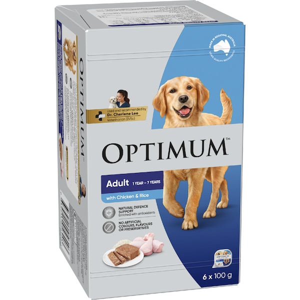 Optimum Adult Wet Dog Food with Chicken & Rice Trays 100g x 6 pack