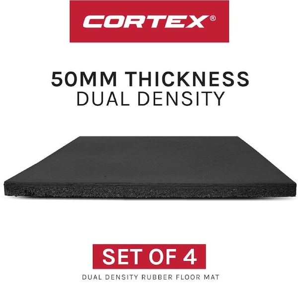 CORTEX 50mm Commercial Dual Density Rubber Gym Floor Tile Mat (1m x 1m) Pack of 2 - Set of 4