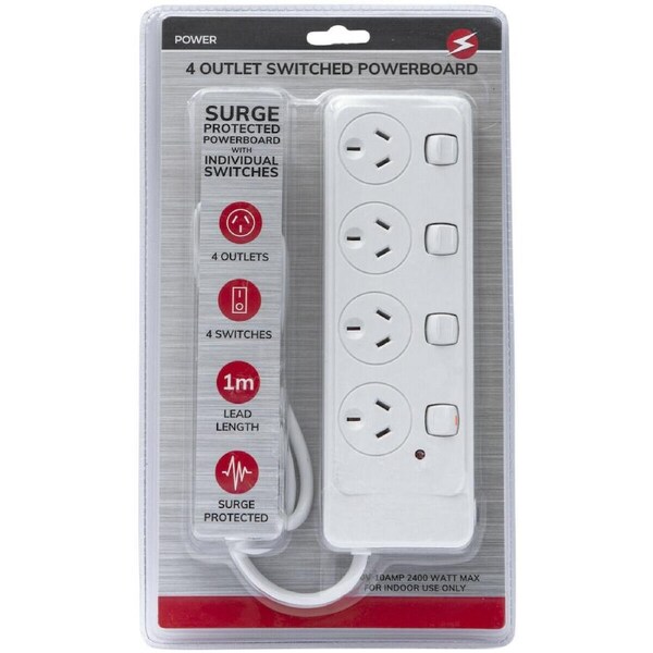 4 Way Outlet SURGE PROTECTOR Power Board w/ INDIVIDUAL SWITCHES 1 METER 240V SAA