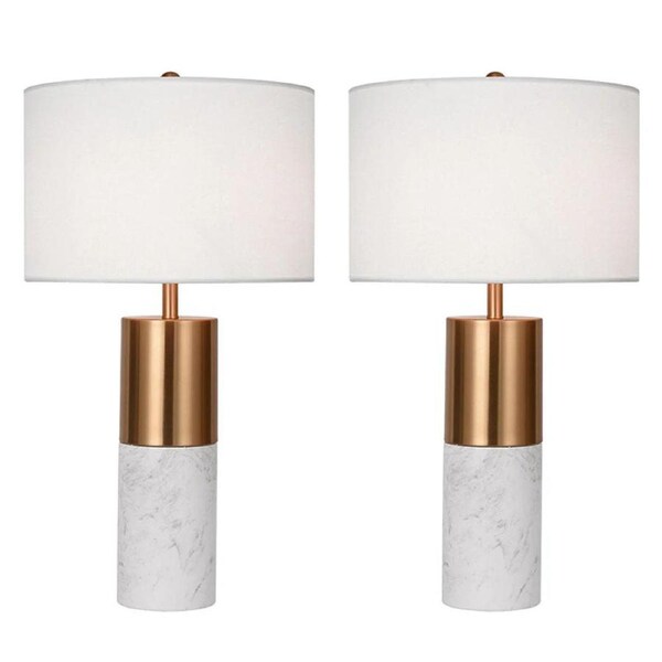 SOGA 2X 60cm White Marble Bedside Modern Desk Table Lamp Living Room Shade with Cylinder Base
