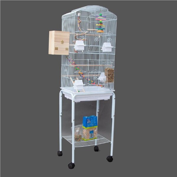 Dome Top High Bird Cage on Stand with Play Toys White