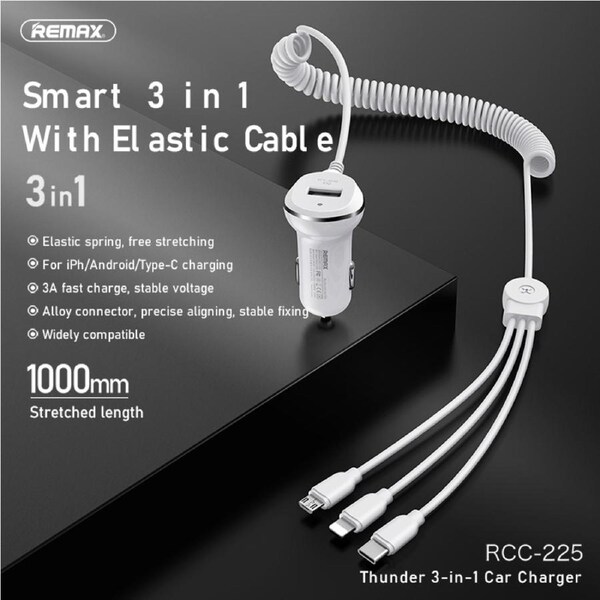 Car Charger REMAX 3 in 1 Thunder USB 3.1A Type-C Micro USB Lightning Cable