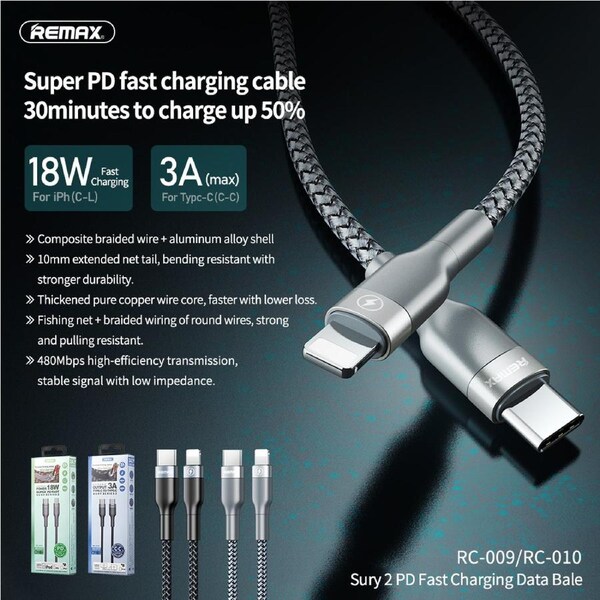 Phone cable REMAX Type-C TO Type-C 1M 18W SuperFast Charging Data Cable Silver