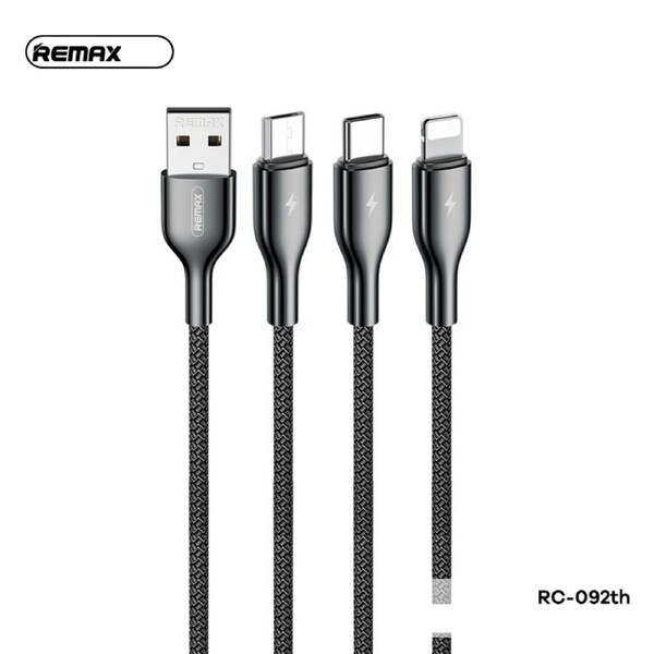 3 in 1 Multi USB Fast Charging Cable Remax Type-C iPhone Micro-USB 3.1A Black
