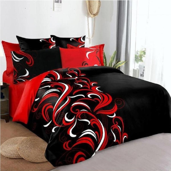 Black and Red Floral Design Quilt/Doona Duvet Cover Set Queen