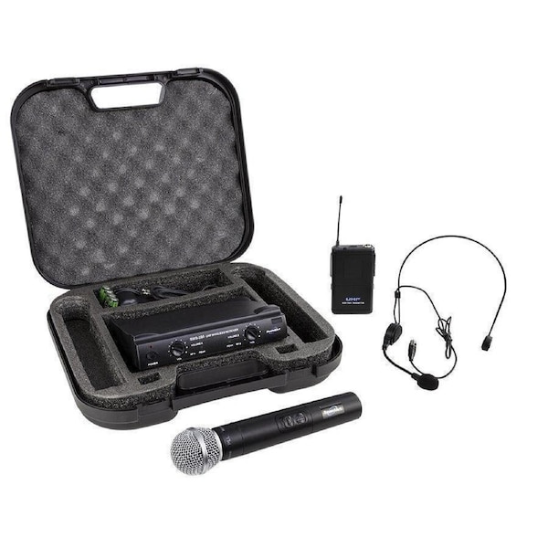 SoundArt SWS-290-MBP Dual Channel Wireless Microphone System with Lapel, Headset, and Handheld Mics