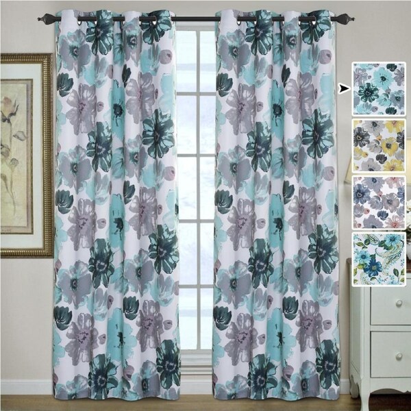 2x Blockout Floral Curtains Eyelet Blackout Curtain Draperies for Living Bedroom EACH PANEL: W132cm x D213cm / Yellow & Grey Floral