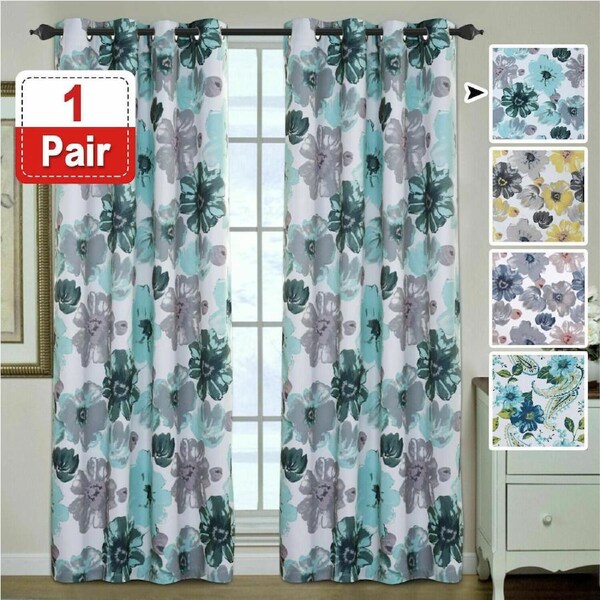2x Blockout Floral Curtains Eyelet Blackout Curtain Draperies for Living Bedroom Yellow & Grey Floral / EACH PANEL: W132cm x D213cm