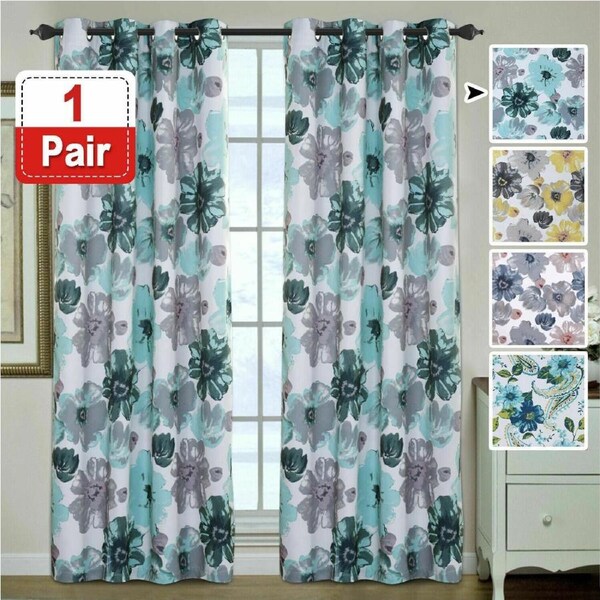 2x Blockout Floral Curtains Eyelet Blackout Curtain Draperies for Living Bedroom Blue & Grey Floral / EACH PANEL: W132cm x D160cm