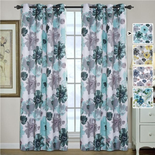 2x Blockout Floral Curtains Eyelet Blackout Curtain Draperies for Living Bedroom Blue & Grey Floral / EACH PANEL: W132cm x D243cm