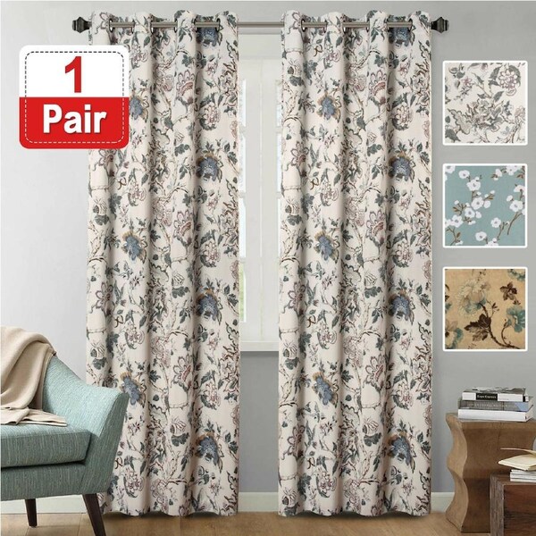 Blockout Curtains Pair Bedroom Living Room Vintage Floral Eyelet Curtains Floral in Sage and Brown / W132cm X D46cm - Valance