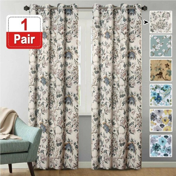 Blockout Curtains Pair Bedroom Living Room Vintage Floral Eyelet Curtains Floral in Sage and Brown / W132cm X D213cm