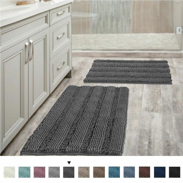 Chenille Bath Mat Non Slip Bath Mat Set for Bathroom Extra Thick Soft Striped Bath Rug Water Absorbent Shag Carpet for Indoor Kitchen Grey / 119cm x 43cm
