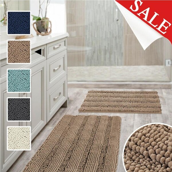 Chenille Bath Mat Non Slip Bath Mat Set for Bathroom Extra Thick Soft Striped Bath Rug Water Absorbent Shag Carpet for Indoor Kitchen Taupe / 51cm x 81cm & 43cm x 61cm