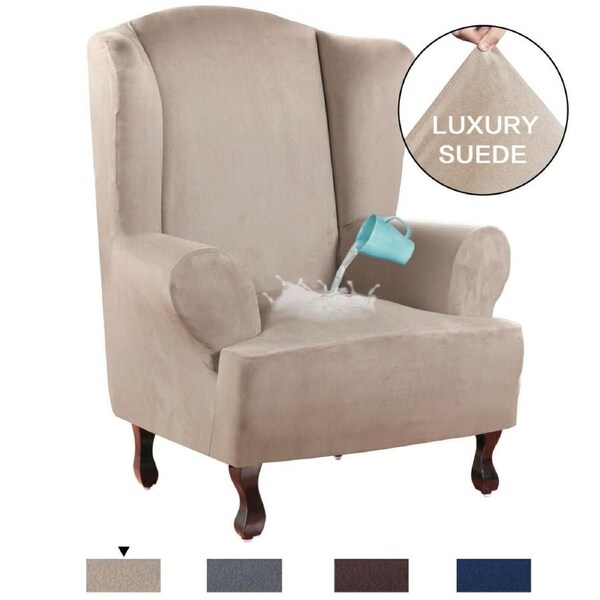 Stretch Wing Chair Cover Velvet Plush Water Repellent Suede Fabric Slipcovers Sand / Wing Chair