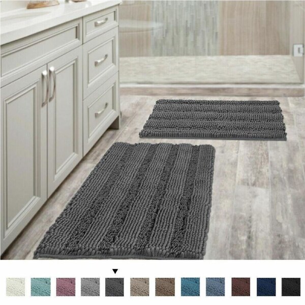 Extra Thick Soft Striped Shaggy Chenille Bath Rugs Mats for Bathroom and Kitchen Navy / 51cm x 81cm & 43cm x 61cm