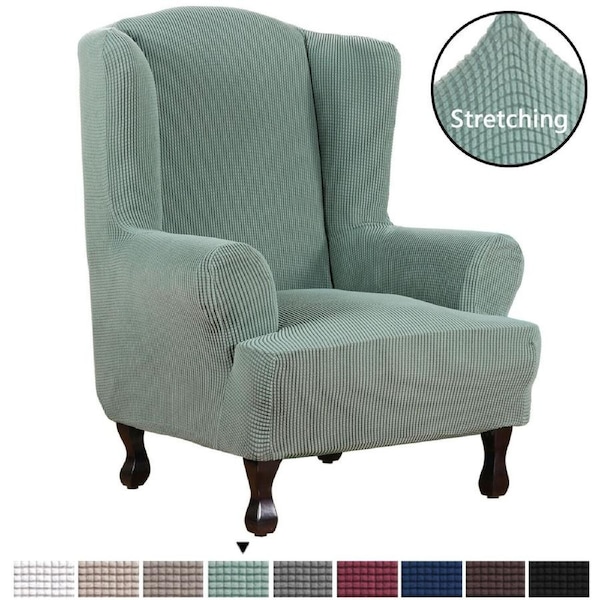 Stretch Wingback Chair Cover Rich Jacquard Wing Chair Covers Form Fit Washable Sage