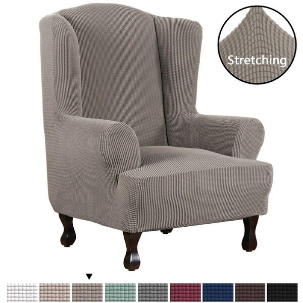 Stretch Wingback Chair Cover Rich Jacquard Wing Chair Covers Form Fit Washable Taupe