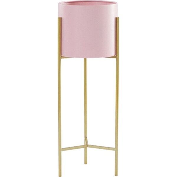SOGA 2 Layer 42cm Gold Metal Plant Stand with Pink Flower Pot Holder Corner Shelving Rack Indoor Display