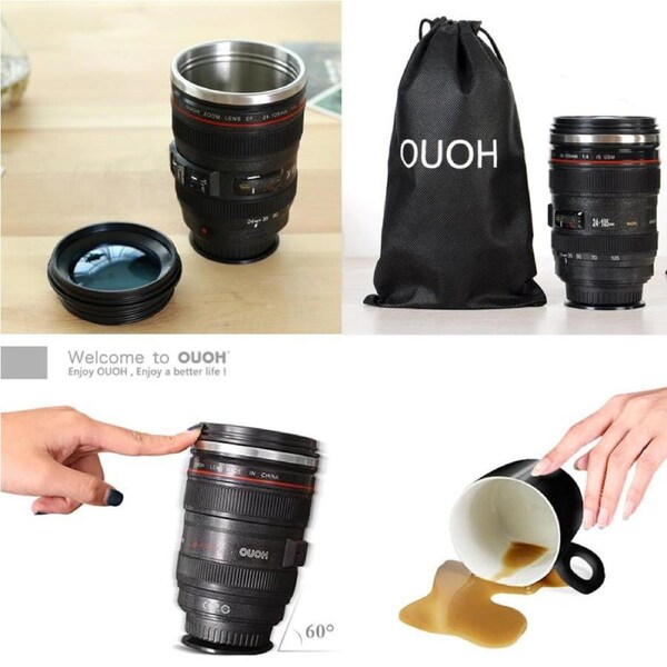 DSLR 24-105mm Camera Lens Suction Mighty Cup Stainless Steel Coffee Mug 400ML