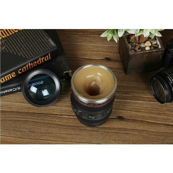 DSLR Camera Lens Self Mixing Automatic Stirring Cup Stainless Steel Coffee Mug