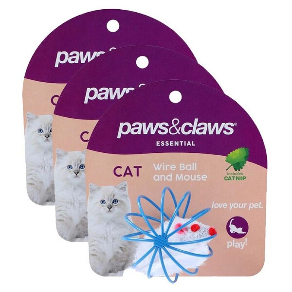 3x Paws & Claws 6cm Wire Ball & Mouse Catnip Interactive/PlayingToy Pet/ Blue