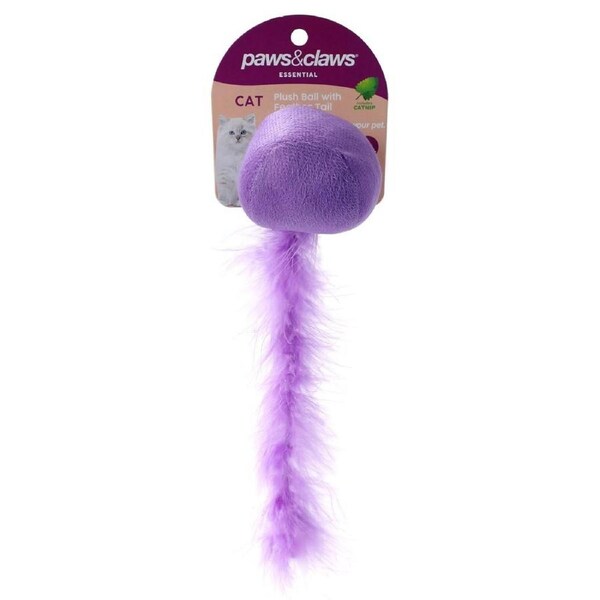Paws & Claws 20cm Plush Catnip Ball Interactive Cat Toy w/ Feather Tail Assorted