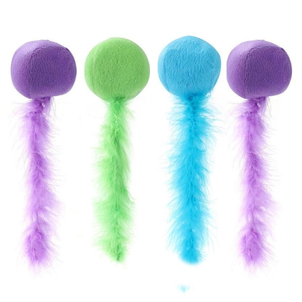 4x Paws & Claws 20cm Plush Catnip Ball Interactive Cat Toy w/Feather Tail Assort
