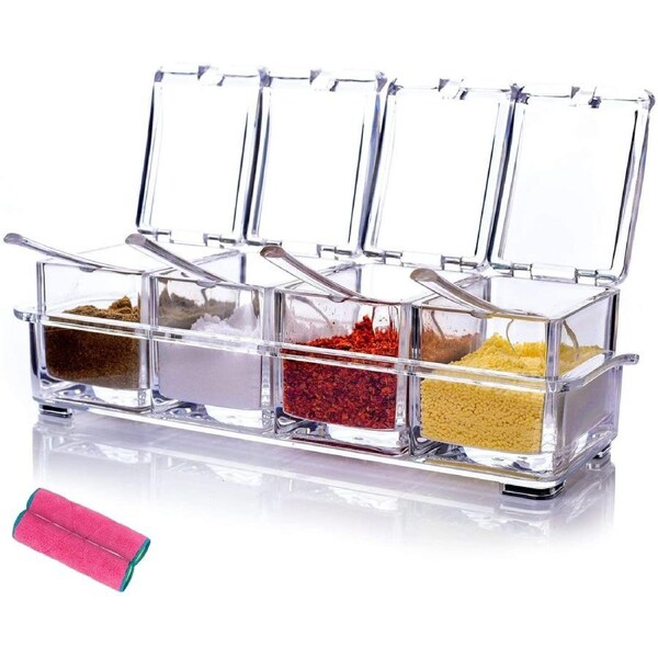 Clear Seasoning Rack Spice Pots - 4 Piece Storage Container Condiment Jars
