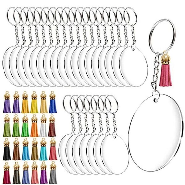 Clear Acrylic Circle Discs Keychain Blanks Tassel Pendants Key Ring