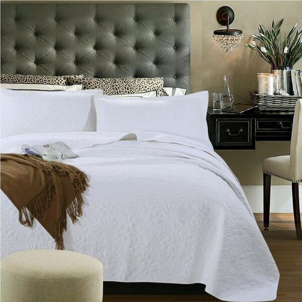 100% Cotton Cover Lightly Quilted Coverlet Set Fleur White Queen