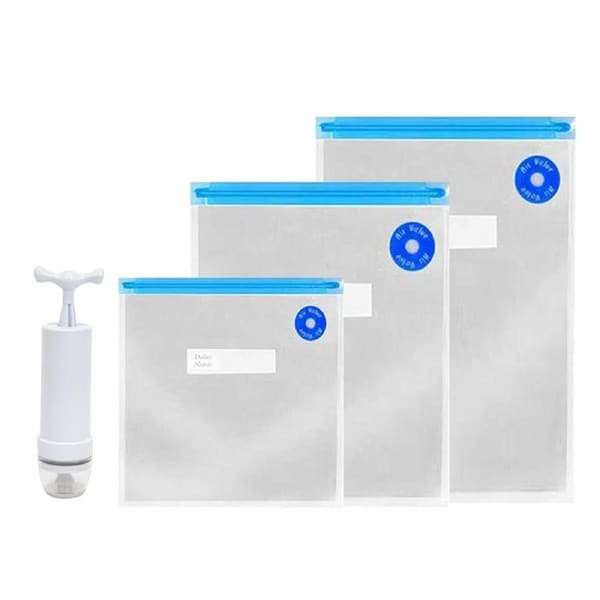 24pcs Reusable Food Storage Freezer Kitchen Vacuum Fresh Seal Bags Pump