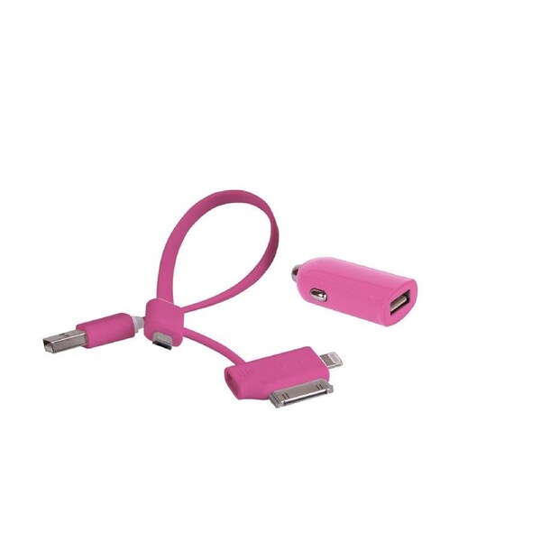 Laser's Pink 2.4A Car Charger with Versatile 3-in-1 Charging Cable for Modern Devices