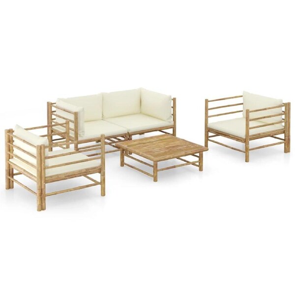 5 Piece Garden Lounge Set with Cream White Cushions Bamboo vidaXL