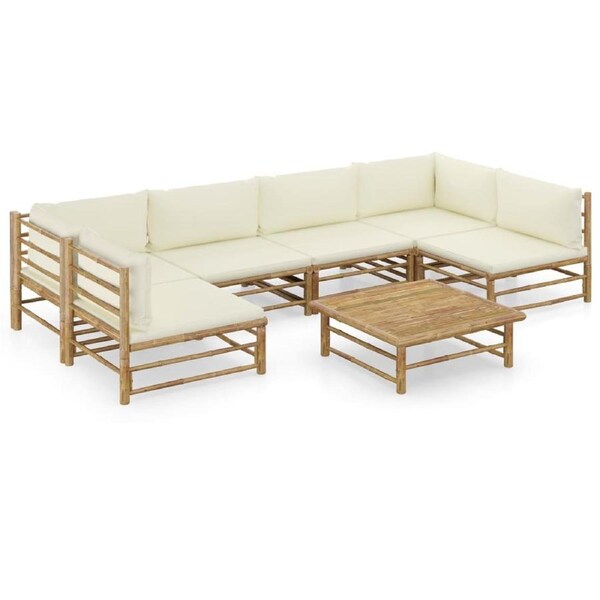 7 Piece Garden Lounge Set with Cream White Cushions Bamboo vidaXL