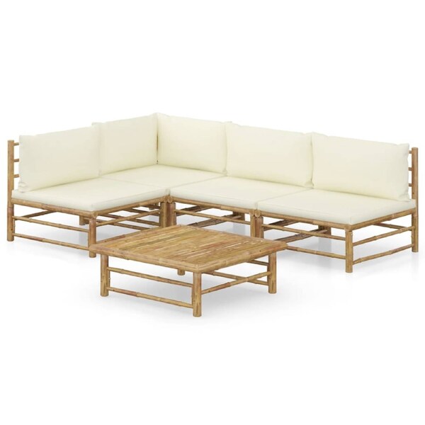 5 Piece Garden Lounge Set with Cream White Cushions Bamboo vidaXL